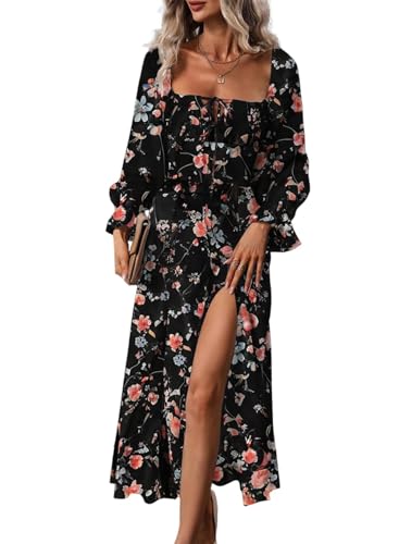 BLENCOT Women's Floral Print Puff Long Sleeve Maxi Dress Sexy Square Neck Tie Front Ruffle Hem Split A-line Beach Dresses Black L