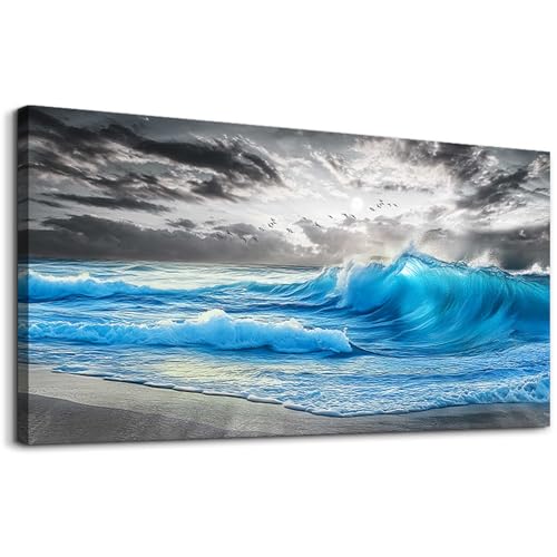 PHAOHUAXM Beach Wall Pictures Canvas Artworks Wall Decor For Living Room Canvas Wall Art For Bedroom Restaurant Office Decorations Blue Sea Wave Ocean Paintings Home Decor Ready To Hang 24x48 In