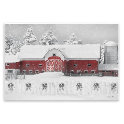 Red Barn Winter Scene Snowfall, 13 x 19 Inch Mounted Print on Wall Plaque
