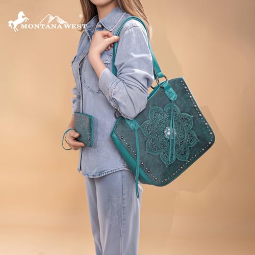 Image of Montana West Western Tooling Tote Bag with Wallet Set for Women Vintage Studded Top Handle Shoulder Handbag