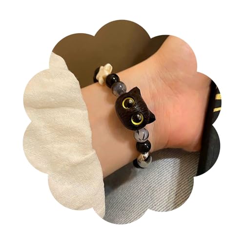 Dervivea Boho Pulsera Gato De Dibujos Animados Pulsera De Cuentas De Vidrio Pulsera Gato Negro Pulsera De Cadena De Cuentas Pulsera Elástica Acrílico Pulseras Gato Negro Pulsera De Obsidiana Suerte