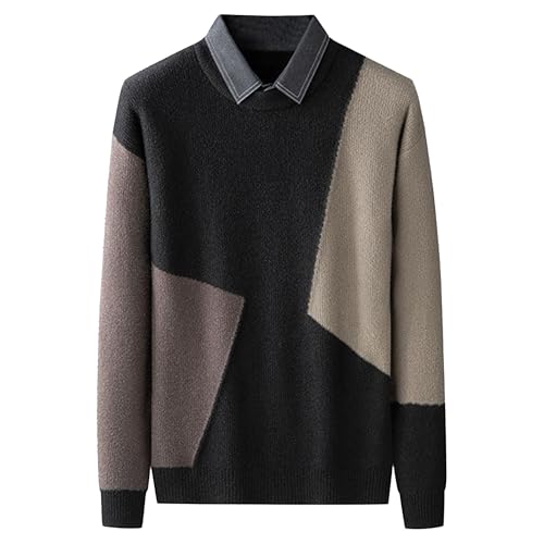 Men's Fake Two Piece Crewneck Sweater Work Office Casual Pullover for Men Slim Fit Business Casual Knitwear