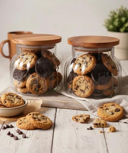 Image of SUANI Air Tight Bubble Glass Jar Container with Wooden Lid for Home and Kitchen | Odor Free Storage Jar | Jars For Cookies, Namkeen, Dry Fruits and Kitchen Storage, (500Ml) (Pack Of 2)