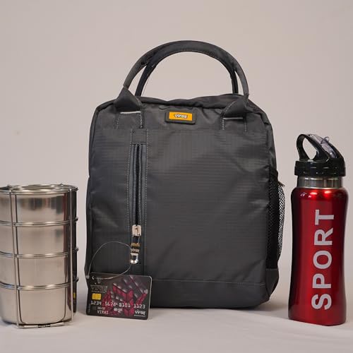 Image of FLUXY Big Lunch Bag in Grey| Heavy Duty 1000D Black Tote, Leakproof & Spacious for Office, School & Travel.