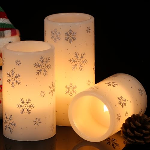Image of KunSween Christmas Flameless Candles with Timer, 3 Pack LED Pillar Candles with Silver Snowflake Decals and Real Wax, Christmas Winter Decorations for Home Indoor Table Centerpieces