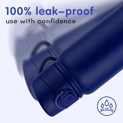 Image of GOPPUS Kids 12oz Insulated Stainless Steel Water Bottle, Leakproof Vacuum Tumbler with Carry Handle, Fits Cup Holders, Reusable Water Bottle for School Outdoor, Boys & Girls(Dark blue)