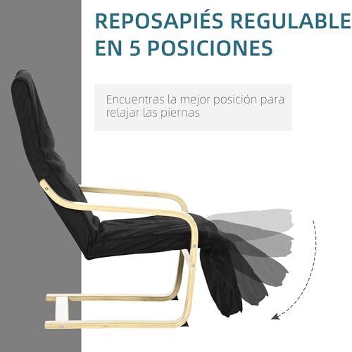 Miniatura 4 de Homcom Sillón De Salón Con Reposapiés Ajustable Sillón Butaca Para Dormitorio Tapizado En Tela Con Marco De Madera Carga 120 Kg Para Oficina Estudio 66,5x94x100 Cm Negro