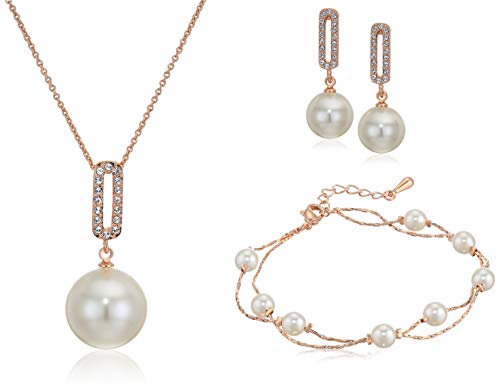 Crystalline Azuria Jewelry Simulated White Pearls Necklace Earrings Bracelet For Women Wedding Party Bridal And Bridesmaid Accessories Rose Gold Plated #TOP26