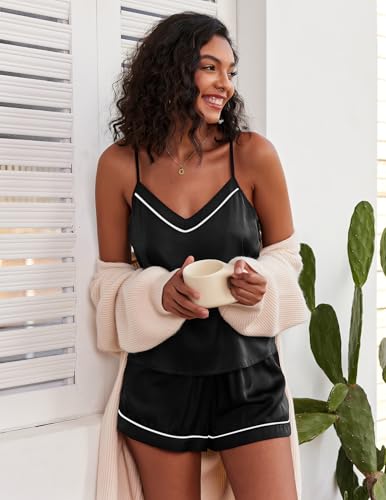 Image of Ekouaer Pajamas for Women Set Silk Satin Pjs Sexy Lingerie Sleepwear Cami Shorts Set Summer Nightwear S-XXL