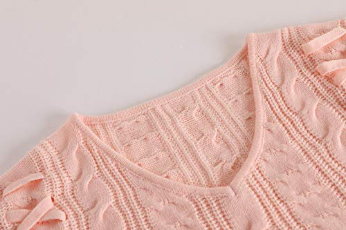 image for Yskkt Womens Pullover Sweaters Plus Size Cable Knit V Neck Lace Up Lon