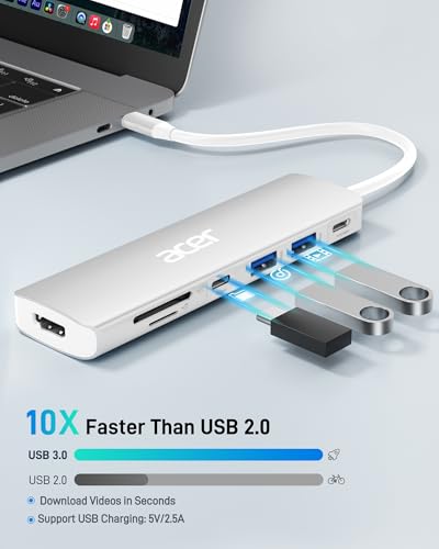 Image of Acer USB C Dock, 7 in 1 USB-C to HDMI Hub, 2 USBA 3.1 GEN1 and 5Gbps Type-C Data Port, 4K HDMI Port, PD 100W Charging, SD Card Reader, for iPad Pro MacBook Pro Laptops and More (Silver)