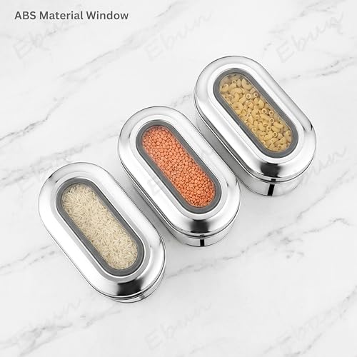 Image of Ebun Stainless Steel Top See Through Containers | Stainless Steel Container with Lid | Capsule Shape Steel Kitchen Containers Set | Steel Airtight Container | 750 Gms Capacity Approx | Pack of 3