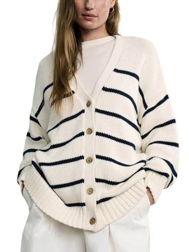 utcoco Women's Striped V Neck Knit Cardigan Baggy Cotton Sweater Timeless & Oversized Fashion Ourwear