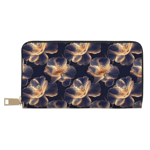 Leather Thin Slim Wallets for Women & Men - Navy Gold Camellia Print Card Wallet Holder with Zipper