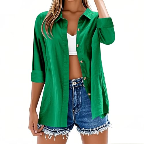 Camisetas de manga larga para mujer, estilo casual, con botones, de lino y algodón, manga enrollable, color liso, talla grande, holgada, a la moda, cuello en V, camisetas de gran tamaño, ligero