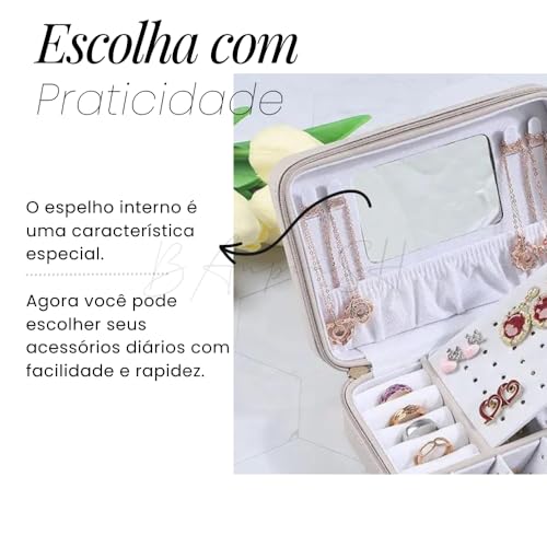 Mini Porta Joias Com Espelho Portátil Com Organizador para Brincos, Anéis, Colares e Compartimento A