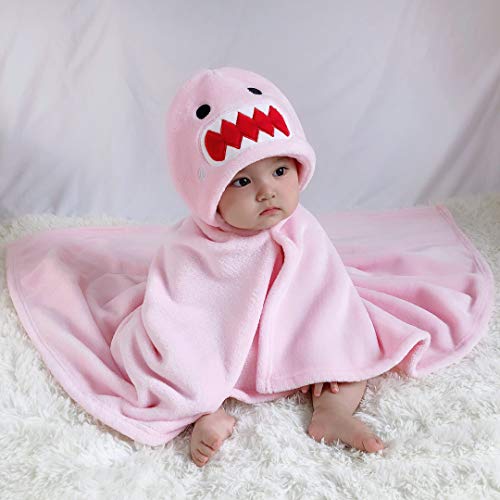 Image of TONWHAR 0-4 Years Toddlers' And Kids' Boys Girls Animal Face Hooded Blanket Baby's Bathrobe,Plush After Bath Blanket(Pink Shark)