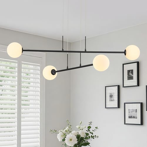 kackae 4-Light Sputnik Chandelier Mid Century Black Sputnik Chandeliers Milk Glass Sputnik Chandeliers Modern Pendant Light Fixture for Dining Room Kitchen Island Living Room