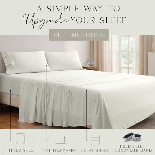 Image of KARISSA MAE Luxury Bamboo Viscose Queen Size Sheet Set | FSC Certified | Cooling | Ultra Soft | 18 inch Deep Pockets | Elastic Corner Straps | Includes Organizer Band [Ivory]
