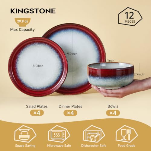 Image of KINGSTONE Stoneware Dinnerware Sets for 4, Reactive Glaze, Kiln-Fired Red | Unique Glaze Plates & Bowls Set | Sizable Lip | Scratch-Resistant | Microwave, Dishwasher & Oven Safe | Stackable | Serves 4