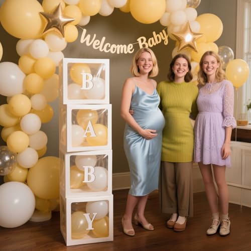 Image of Ledido Baby Boxes with Letters for Baby Shower Decorations, 4 pcs Clear Balloon Boxes with Letters for Boys Girls Gender Reveal Decorations Birthday Wedding Backdrop Party (White)