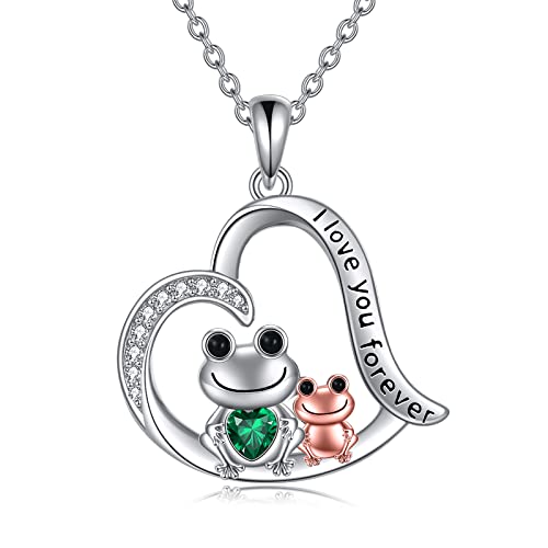 POPLYKE Frog Necklace for Women Sterling Silver Cute Frog Hold Blue/Green Heart Cubic Zirconia Pendant Necklace Jewelry for Mom Daughter