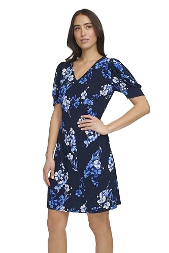 Image of Tommy Hilfiger Women's Short Puff Sleeve V-Neck Shift Mini Dress
