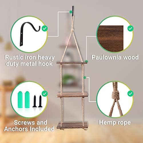 MAHATO Wall Decor Floating Shelves - Swing Rope Hanging 3-Layer Rustic Wooden Racks for Living Room, Bathroom, Bedroom, Office, and Kitchen with Heavy Duty Metal Hook.
