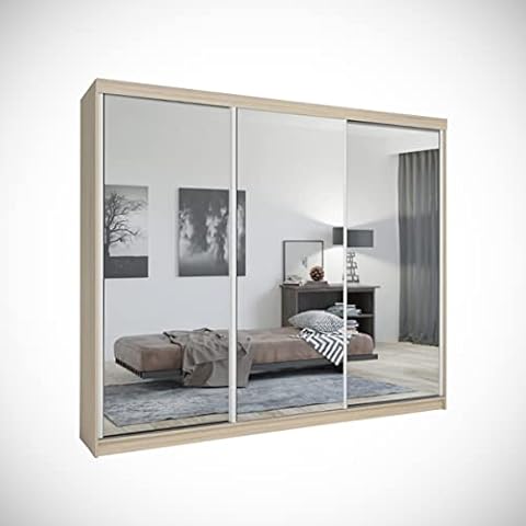 Sliding Wardrobe 4U Modern full mirror 3 Sliding Door Wardrobe Chicago 250cm with LED Ligh (Oak) Cover