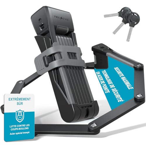 TECHCYC Antivol Vélo Pliable, Serrure de vélo Pliante Portable en Acier Trempé, Antirouille et Antivol, Antivol de vélo Haute sécurité avec Support et 3 Clés pour Bicyclette, Scooters, Moto (120cm)