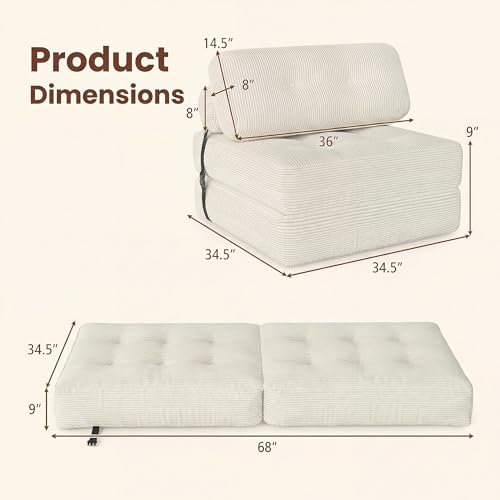 Image of COSTWAY Folding Sofa Bed with Pillow, Convertible Couch (Beige)