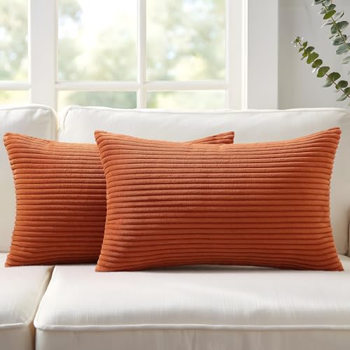 Mecatny Corduroy Decorative Fall Throw Pillow Covers 12x20 Set of 2 for Sofa Bedroom Living Room, Stylish Soft Couch Pillow Covers for Home Decor, Rust