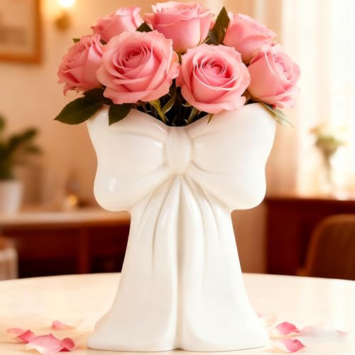 Disoza Vasi bianchi con fiocco Decorazioni da tavola Ceramica Vaso moderno Vaso vintage per fiori di pampa Fiori secchi Vaso da fiori per matrimoni Vaso da tulipani in porcellana Cucina Soggiorno