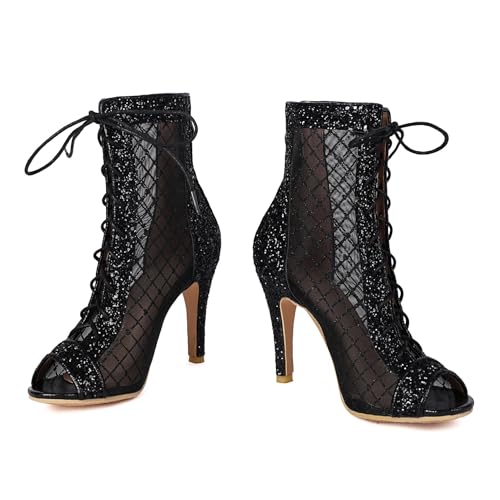 SHEMEE Women's Denim Patchwork Mesh Peep Toe High Heels Sandals Booties Lace Up Summer Open-toe Back Zipper Short Ankle Boots2