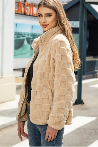 SELINK Shacket Jacket for Women Casual Solid Checkered Side Pockets Zipper Fleece Jacket Stand Neck Winter Outerwear4