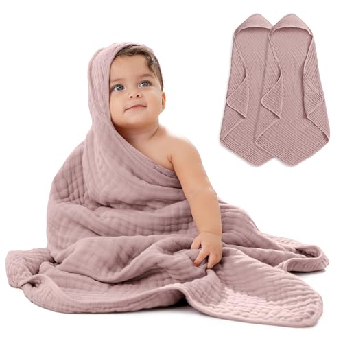 Image of Comfy Cubs 2 Pack Baby Hooded 9 Layer Muslin Cotton Towel for Kids, Large 32” x 32”, Ultra Soft, Warm, and Absorbent. Baby Essentials Bath Towels, Cute Unisex Cover for Girls and Boys (2 Pack, Mauve)