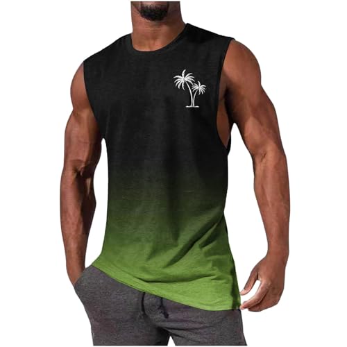Image of Tank Top Men UK Clearance,Mens Gym Vest Tops Tropical Printed Bodybuilding Muscle Workout Graphic Vests Summer Casual Crewneck Fitness Athletic Beach Holiday Tees Sleeveless T Shirt Army Green