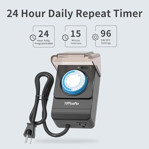 Tiffcofio TF1701 Outdoor Heavy Duty Mechanical Timer Outlet Waterproof, 15 Minutes Intervals, 24 Hour Outdoor Pool Pump Timer thumb #1