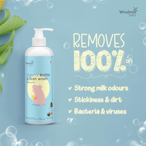 Windmill baby Natural Bottle Cleaning Liquid, Fragrance Free, USDA Certified, No Anti-Bacterial Chemicals, for Feeding Bottles, Accessories, Pump Parts and more - Pack of 2 (450ml each)