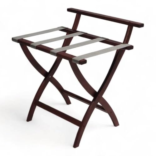 Solid Wood High Back Folding Luggage Rack with Grey Straps in Dark Brown Finish New