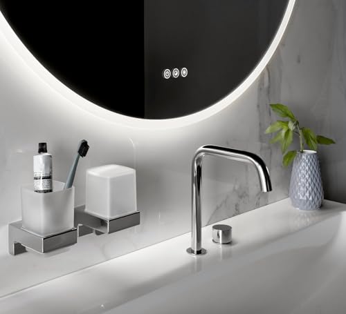 emco cue Zahnputzbecher aus Glas zum Kleben I Zahnbürstenhalter ohne Schrauben I Zahnputzglas aus Metall und Kristallglas in Chrom