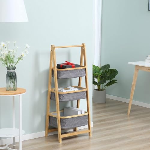 Image of Lukzer 3 Layer Foldable Bamboo Storage Rack with Fabric Baskets - Multipurpose Eco-Friendly Space-Saving Ladder Shelf Organizer for Laundry, Bathroom, Bedroom, Living Room & Closet (Grey) CH-151