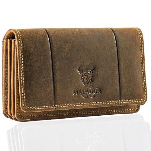 MATADOR Damen Geldbörse Mittelgroß Leder #VENEDIG mit edler Geschenkbox, Elegante Damen-Geldbörsen mit RFID Blocker, Luxus Geldbörse Damen Mittelgroß Viele Kartenfächer, Braun Hunter