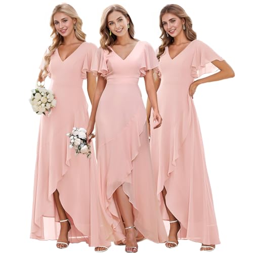 Ever-Pretty Robe de Bal Femme Longue Asymétrique Manches Courtes Col V Fendue Fluide Chic Rose Clair 36