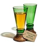 Mosa Green Shot Glasses Set of 2 β 70ml Recycled Glass with Wooden Base | Eco-Friendly Upcycled Liquor Shot Cups for Whiskey, Vodka & Tequila | Handmade Rustic Barware Gift for Men & Women