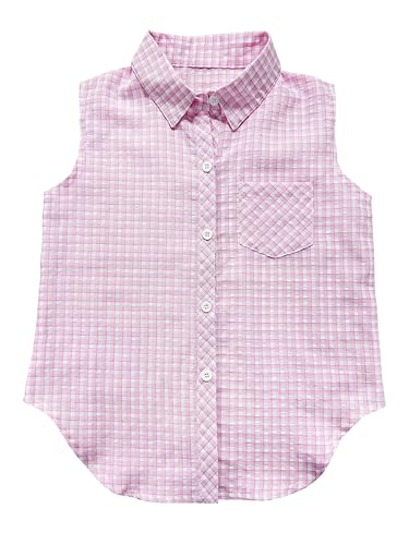Image of Girls Plaid Sleeveless Button Down Shirt Summer Crop Tops Tie Knot Blouse Tank Tops 4-13Y