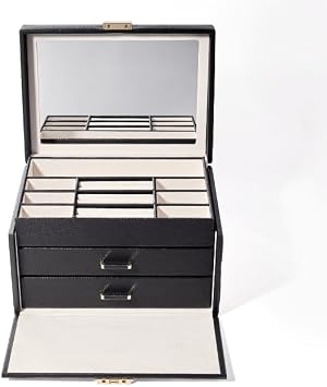 BILLSTONE Amour Large Mystique Black Jewelry Box, Jewelry Organizer and Storage with Multi Tray Compartments, Genuine Leather