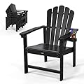 VINGLI Plastic Folding Adirondack Chair with Cup Holder, 100% Recyclable HDPE Material, Comfortable 380lb Weight Capacity for Outdoor Pool Patio Lounge Chair Lawn Furniture Fire Pit, 1 Pack, Black