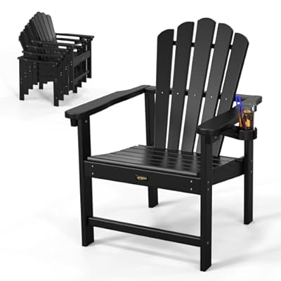 VINGLI Plastic Folding Adirondack Chair with Cup Holder, 100% Recyclable HDPE Material, Comfortable 380lb Weight Capacity for Outdoor Pool Patio Lounge Chair Lawn Furniture Fire Pit, 1 Pack, Black