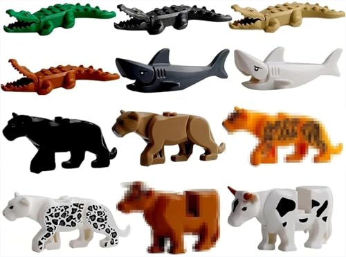 Tier Figuren Bausteine Bausatz, 12 Stück Dschungel Zoo Tierbaustein Bausatz, Krokodil Leopard Hai Bär Kuh Tiger Bausteine Modell Kompatibel mit Allen gängigen Marken